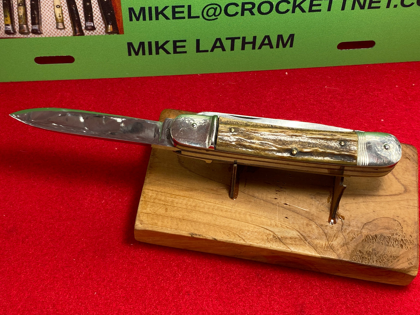 BONSA SOLINGEN GERMANY 1955-60 LEVER AUTOMATIC 2BL WITH SAW 11 CM GERMAN AUTOMATIC KNIFE STAG HANDLES