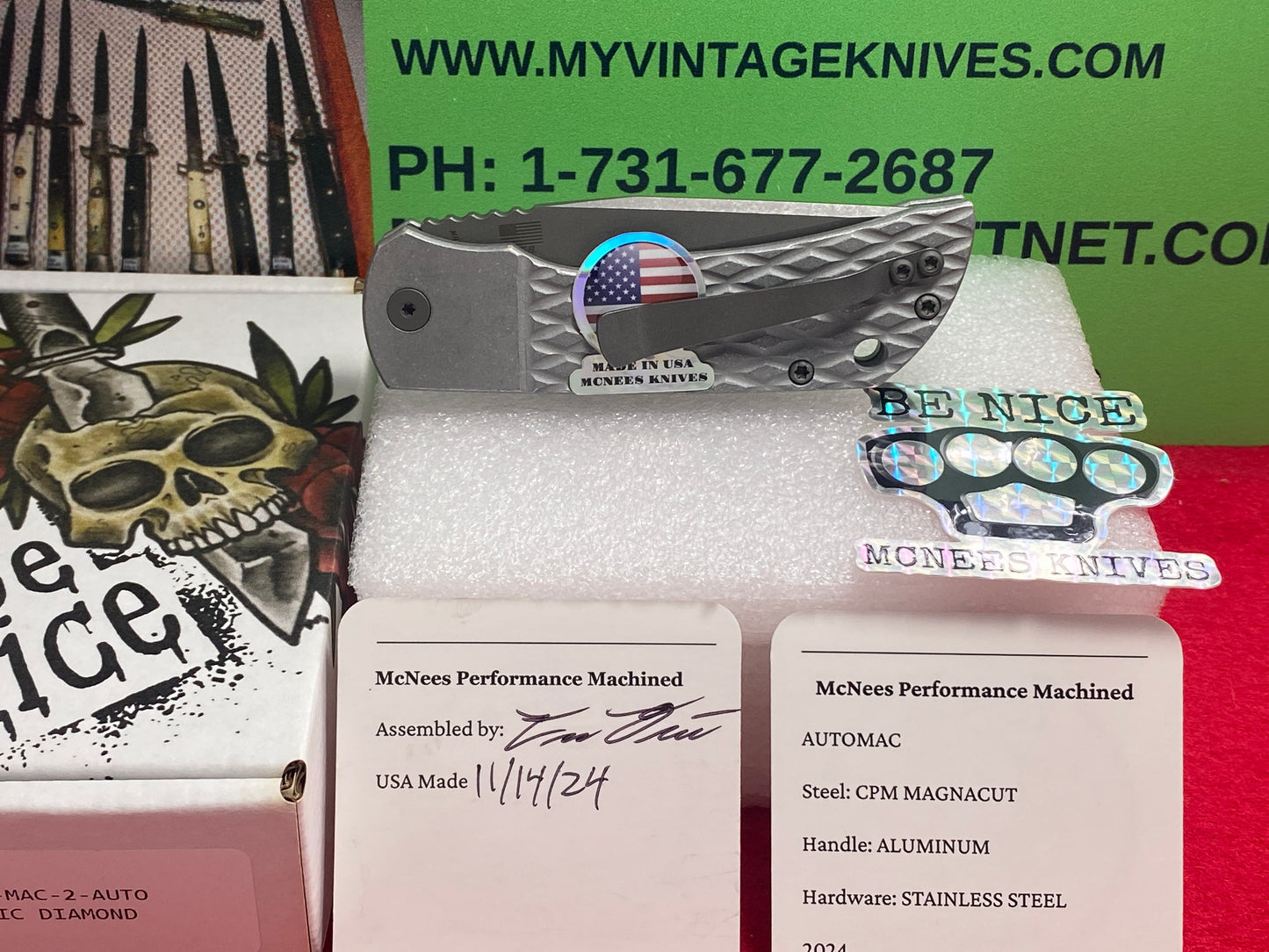 McNEES 11/2024 CUSTOM AUTOMATIC AUTOMAC MCN-PM-MAC-2 TACTICAL AUTOMATIC KNIFE DIAMOND DISIGN ALUMINUM HANDLES