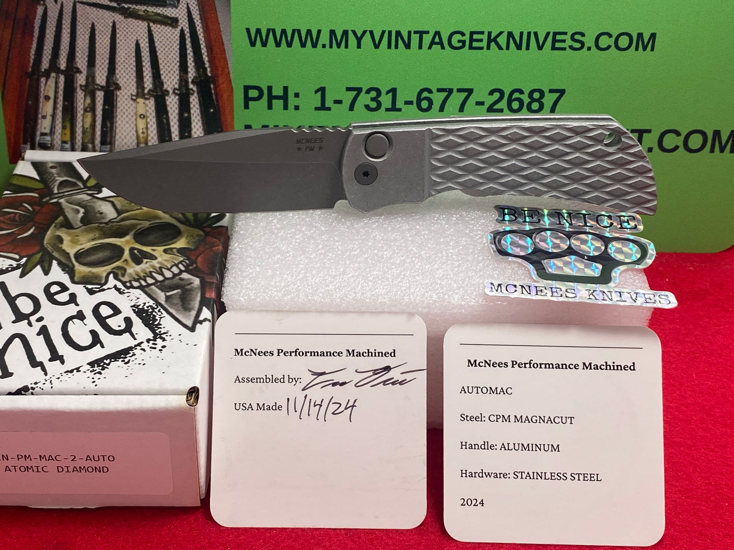 McNEES 11/2024 CUSTOM AUTOMATIC AUTOMAC MCN-PM-MAC-2 TACTICAL AUTOMATIC KNIFE DIAMOND DISIGN ALUMINUM HANDLES