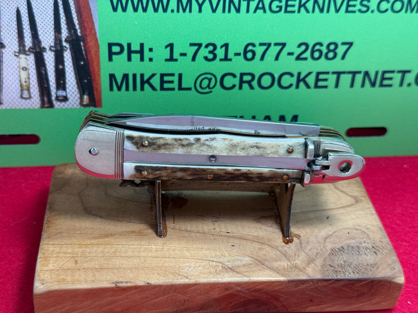 HUBERTUS SOLINGEN GERMANY 1998 LIMITED EDITION CUSTOM MADE 3BL LEVER AUTOMATIC GERMAN AUTOMATIC KNIFE STAG HANDLES