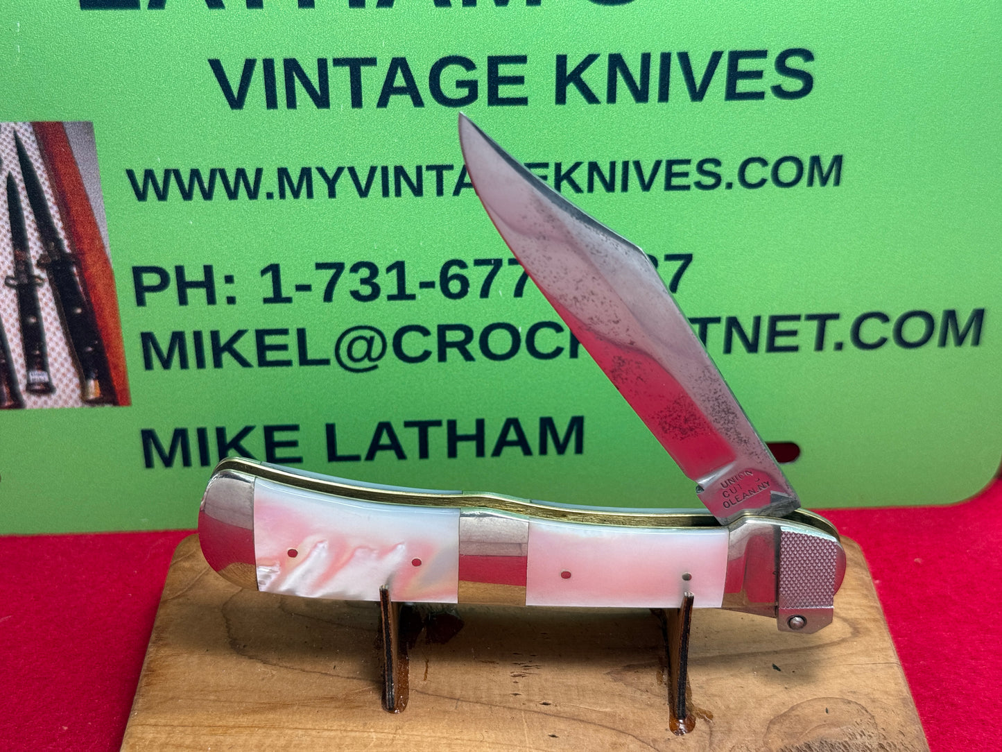 UNION CUT. CO. OLEAN N.Y. PAT. 1916 AERIAL KNIFE CO. 1975 LEVER AUTOMATIC VINTAGE AMERICAN AUTOMATIC KNIFE PEARL HANDLES