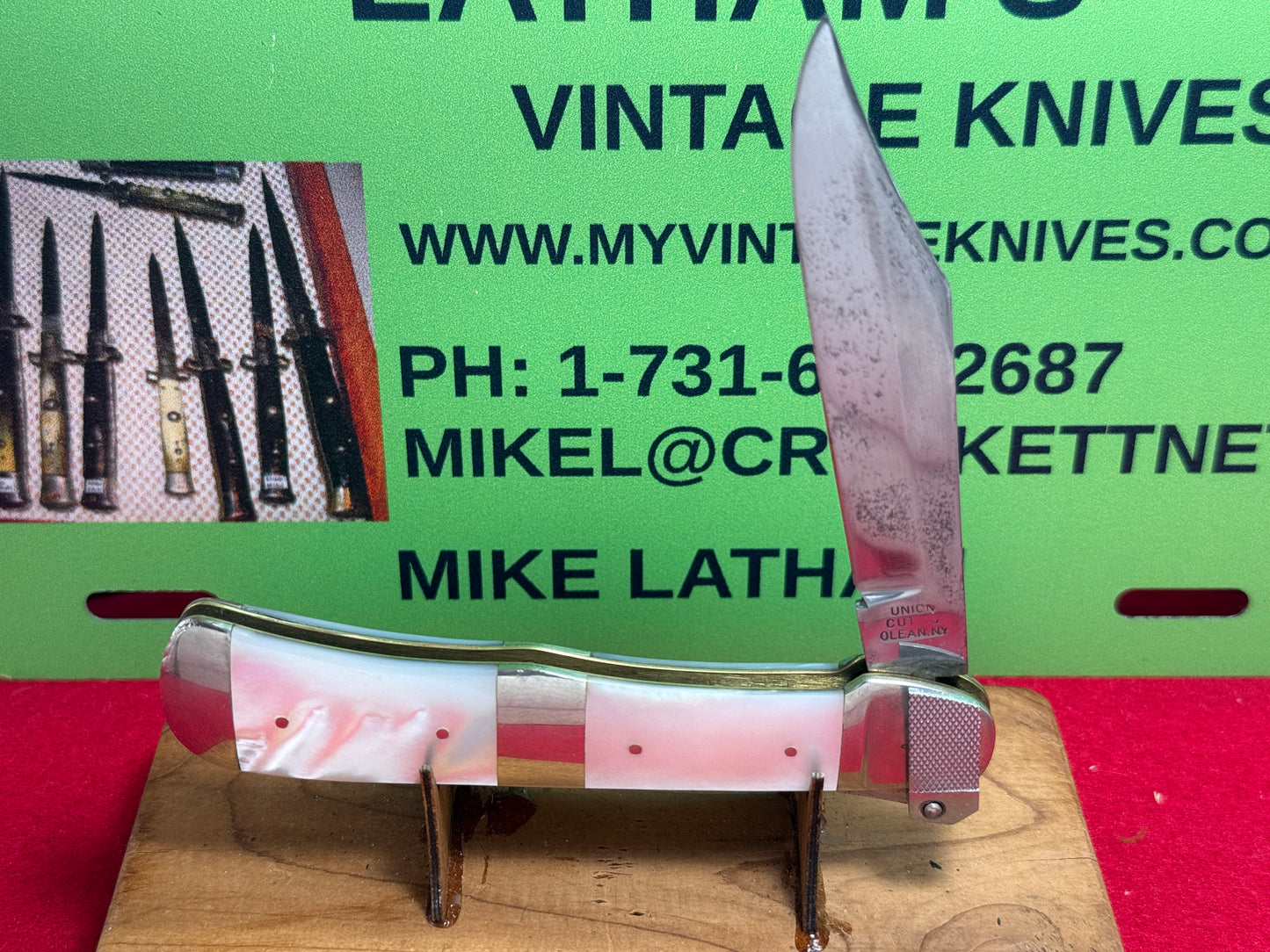 UNION CUT. CO. OLEAN N.Y. PAT. 1916 AERIAL KNIFE CO. 1975 LEVER AUTOMATIC VINTAGE AMERICAN AUTOMATIC KNIFE PEARL HANDLES
