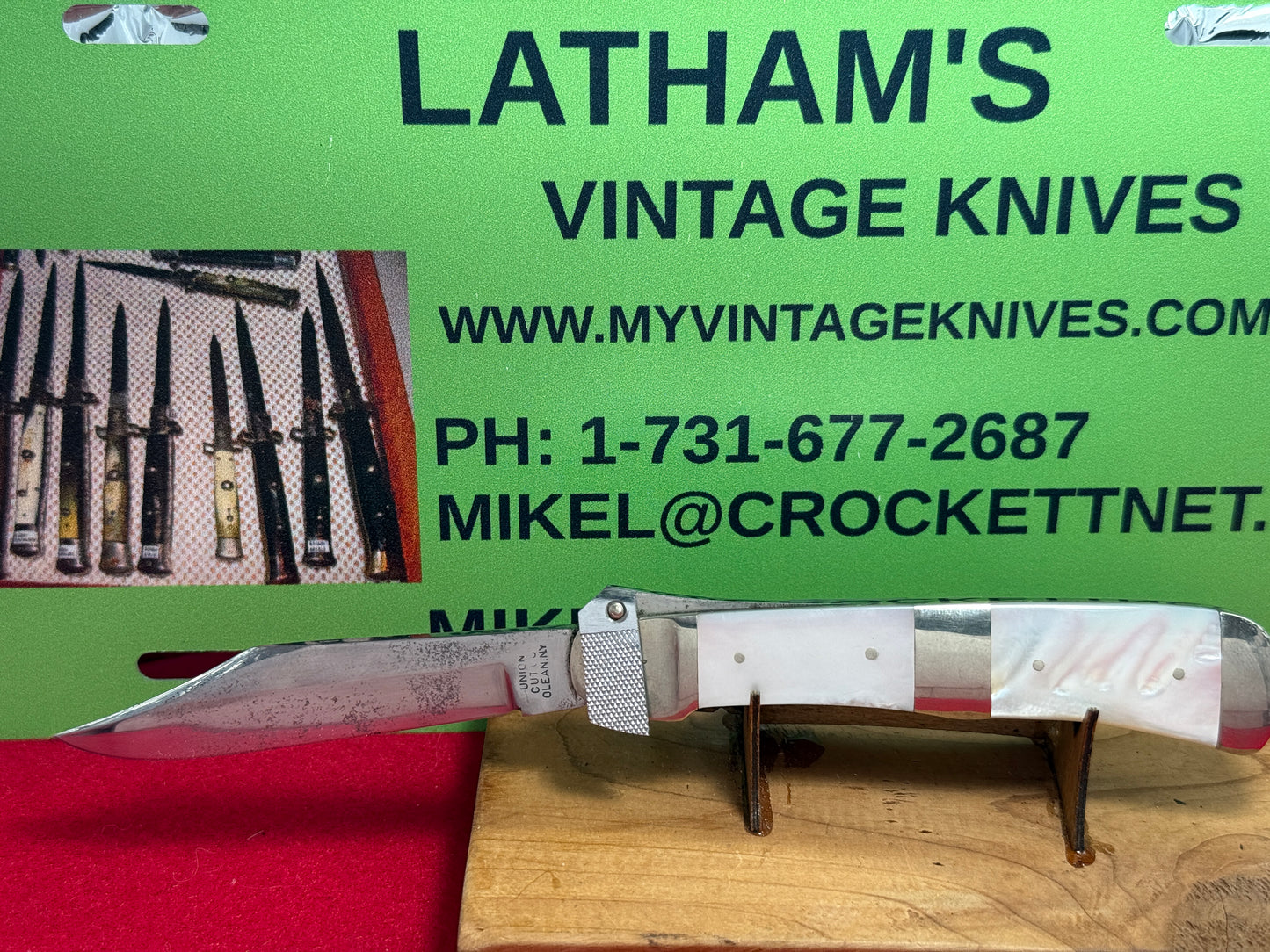 UNION CUT. CO. OLEAN N.Y. PAT. 1916 AERIAL KNIFE CO. 1975 LEVER AUTOMATIC VINTAGE AMERICAN AUTOMATIC KNIFE PEARL HANDLES