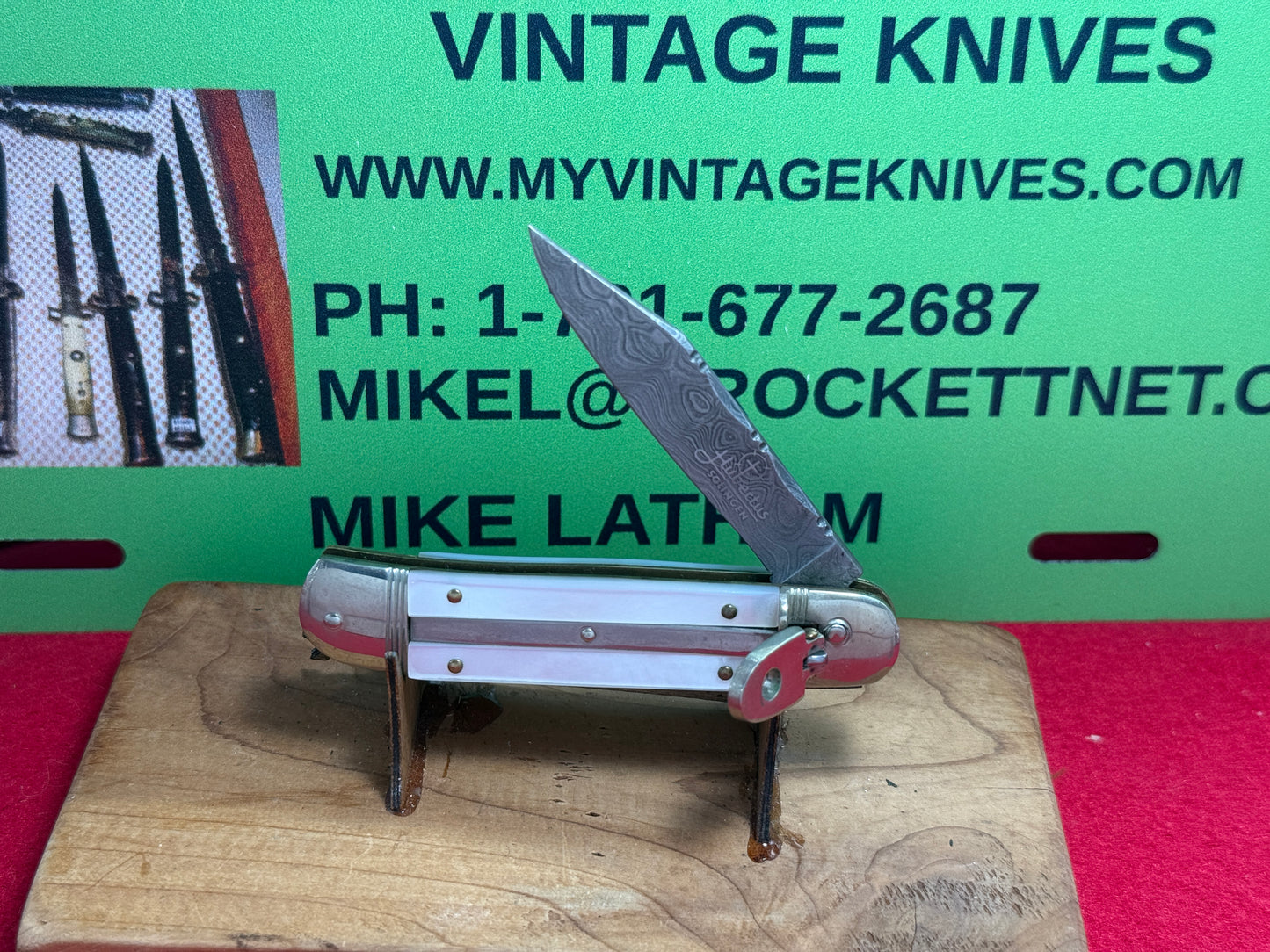 HUBERTUS SOLINGEN GERMANY 1999-2010 BABY SPRINGER LEVER AUTOMATIC DAMACUS STEEL 8.5 CM GERMAN AUTOMATIC KNIFE PEARL HANDLES