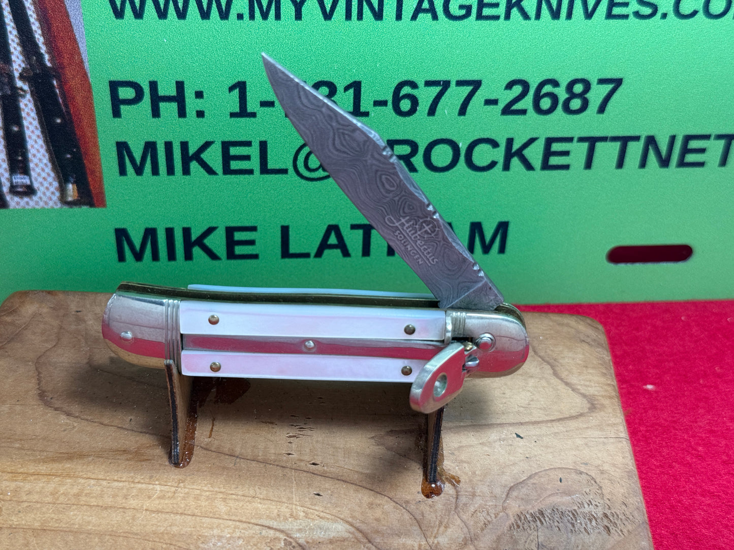HUBERTUS SOLINGEN GERMANY 1999-2010 BABY SPRINGER LEVER AUTOMATIC DAMACUS STEEL 8.5 CM GERMAN AUTOMATIC KNIFE PEARL HANDLES