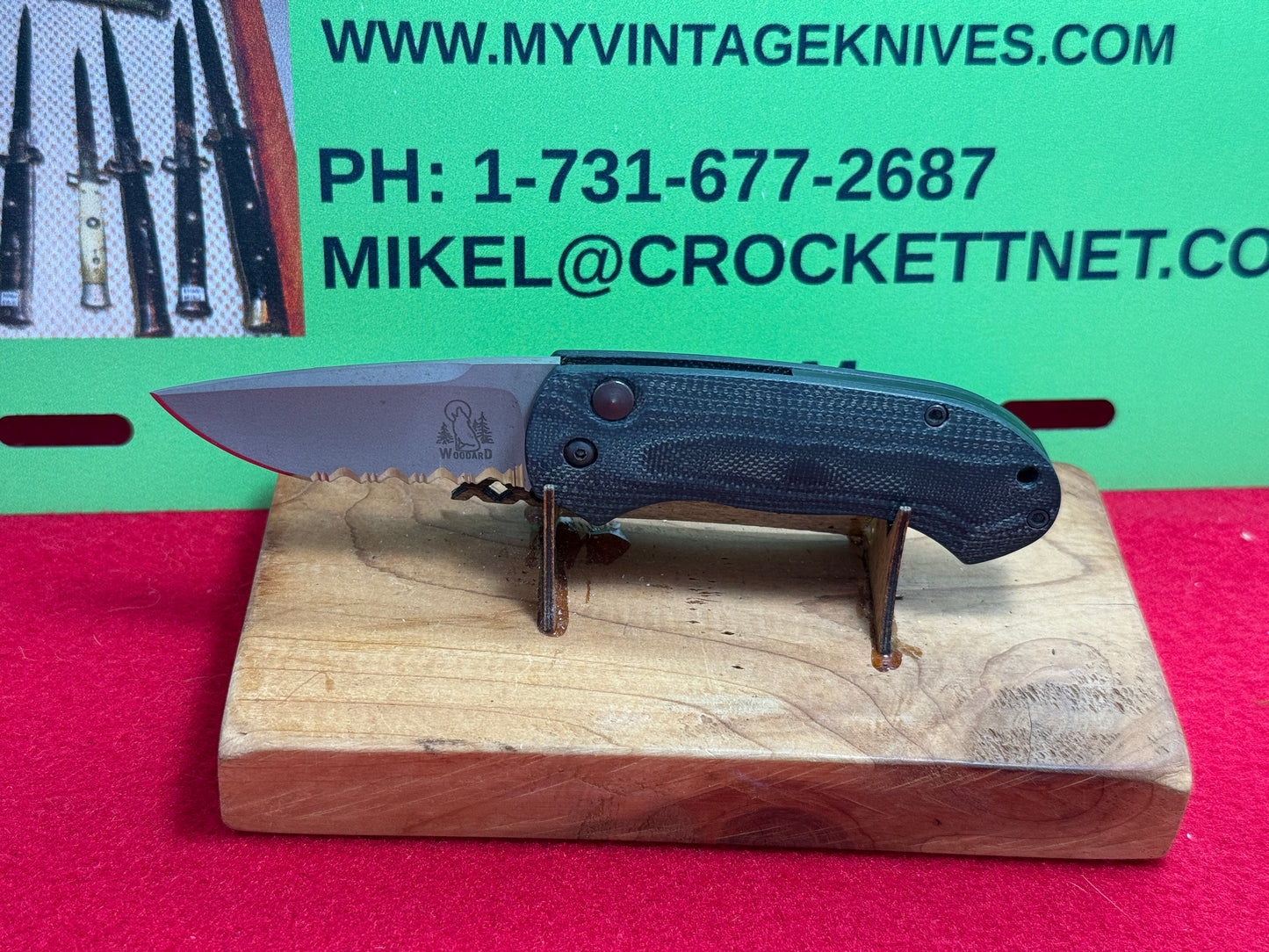 WOODARD, BUCK CUSTOM AUTOMATIC 1995-99 WHITEWOLF POCKET PRO CUSTOM AUTOMATIC KNIFE BLACK/GREEN G-10 HANDLES
