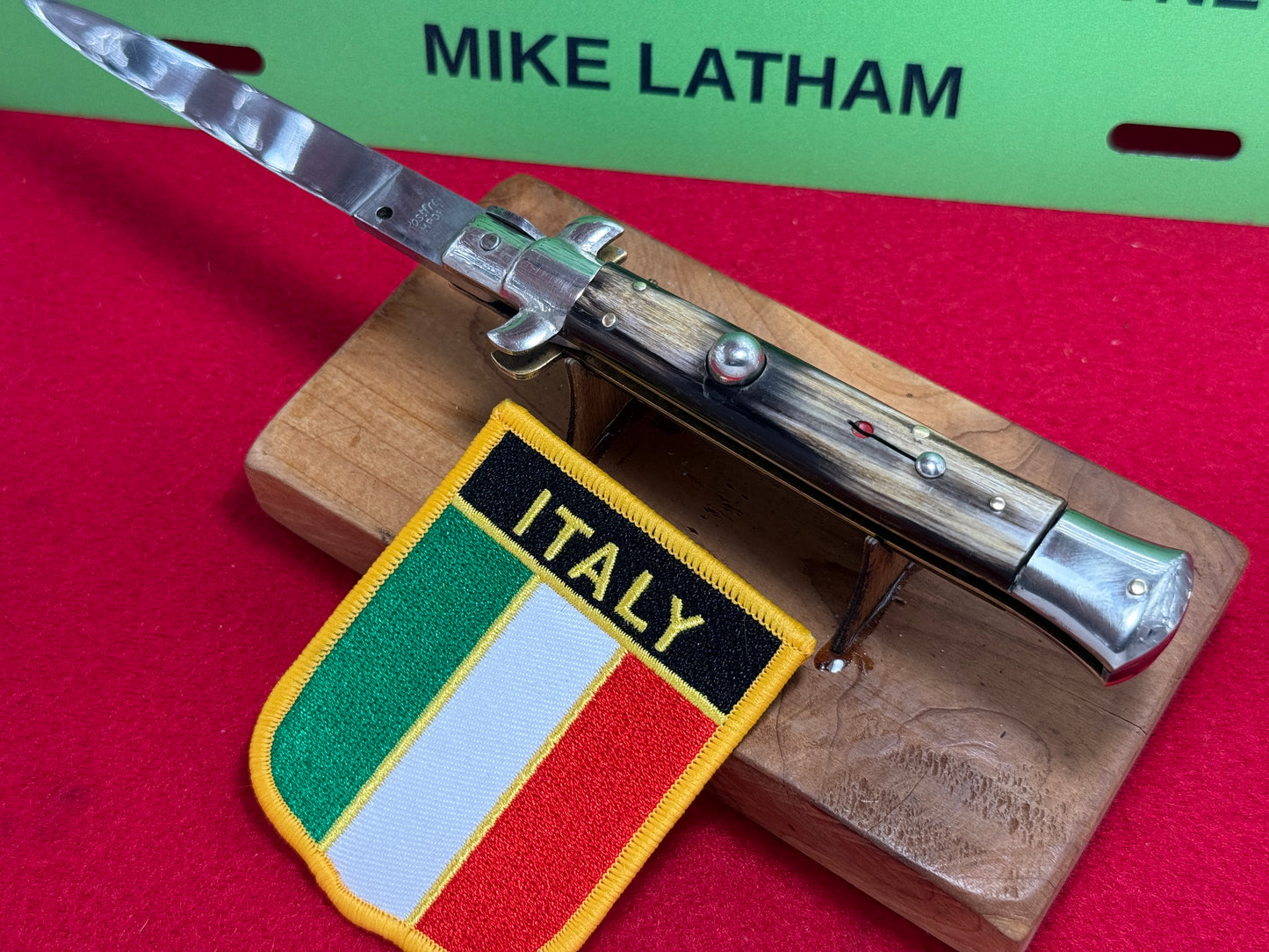 ROSTFREI IMPORT ITALY 1962-68 SWIVEL BOLSTER STILETTO FLAT BLADE ITALIAN AUTOMATIC KNIFE BUFFALO HORN HANDLES