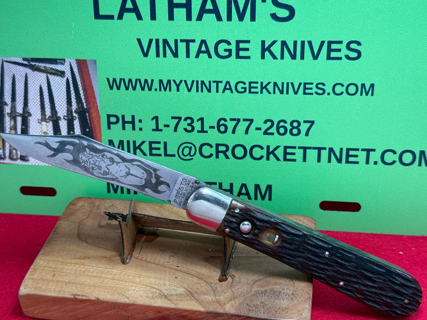 PRESTO GEO. SCHRADE BRIDGE PORT CONN. 1940-56 CUSTOM NUDE ART LARGE HUNTER 5" VINTAGE AMERICAN AUTOMATIC KNIFE BROWN JIGGED BONE HANDLES