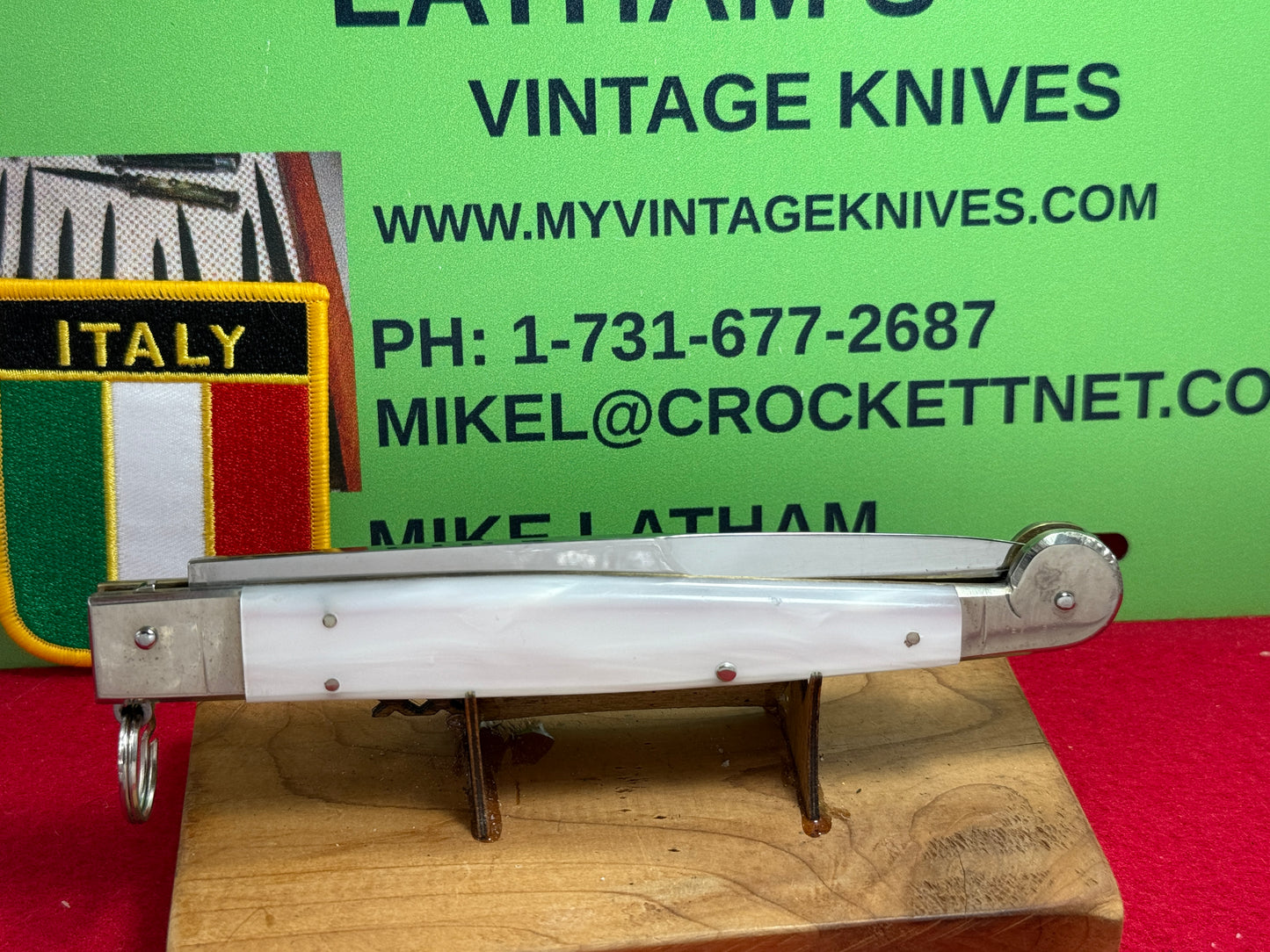 A.G.A. CAMPOLIN MANIAGO ITALY 2012 RING PULL RELEASE SICILIAN FIGHTING KNIFE 12" ITALIAN AUTOMATIC KNIFE WHITE PEARLX COMPOSITION HANDLES
