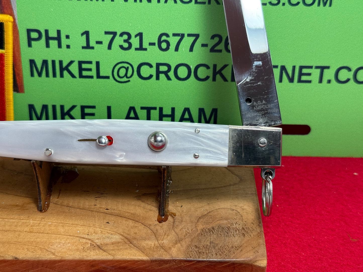 A.G.A. CAMPOLIN MANIAGO ITALY 2012 RING PULL RELEASE SICILIAN FIGHTING KNIFE 12" ITALIAN AUTOMATIC KNIFE WHITE PEARLX COMPOSITION HANDLES