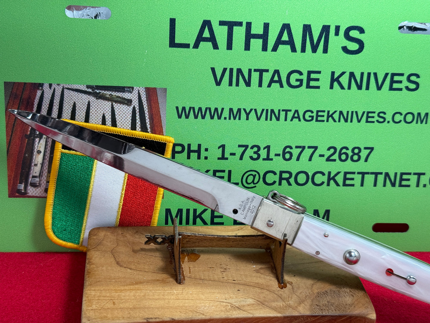 A.G.A. CAMPOLIN MANIAGO ITALY 2012 RING PULL RELEASE SICILIAN FIGHTING KNIFE 12" ITALIAN AUTOMATIC KNIFE WHITE PEARLX COMPOSITION HANDLES