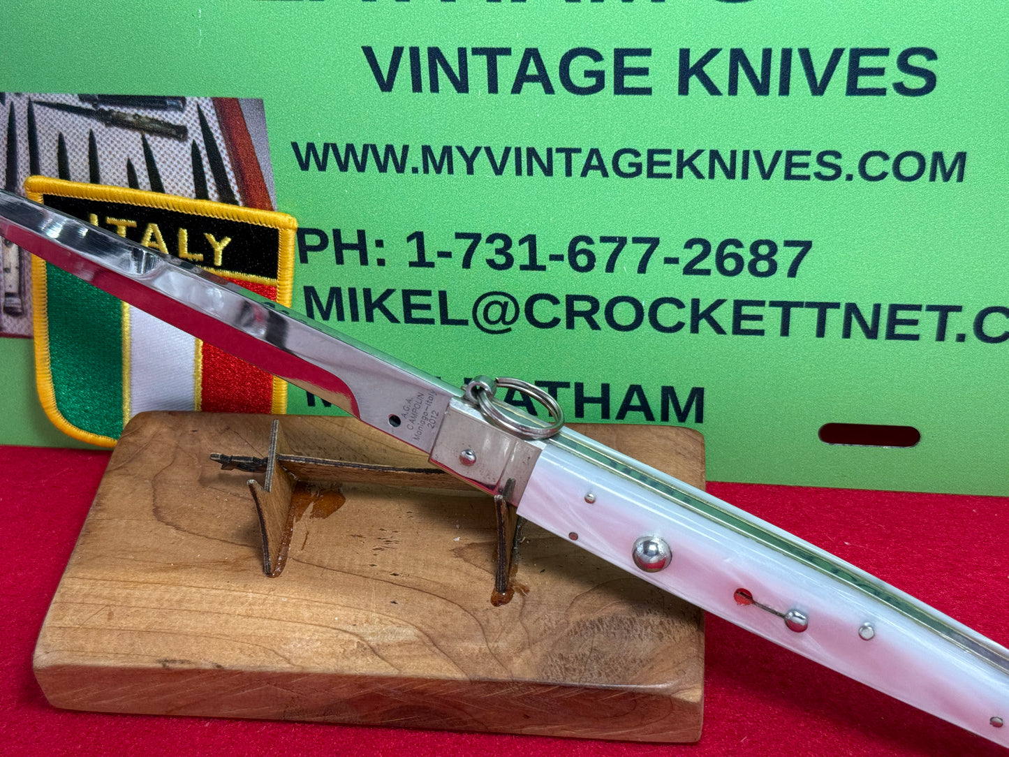 A.G.A. CAMPOLIN MANIAGO ITALY 2012 RING PULL RELEASE SICILIAN FIGHTING KNIFE 12" ITALIAN AUTOMATIC KNIFE WHITE PEARLX COMPOSITION HANDLES