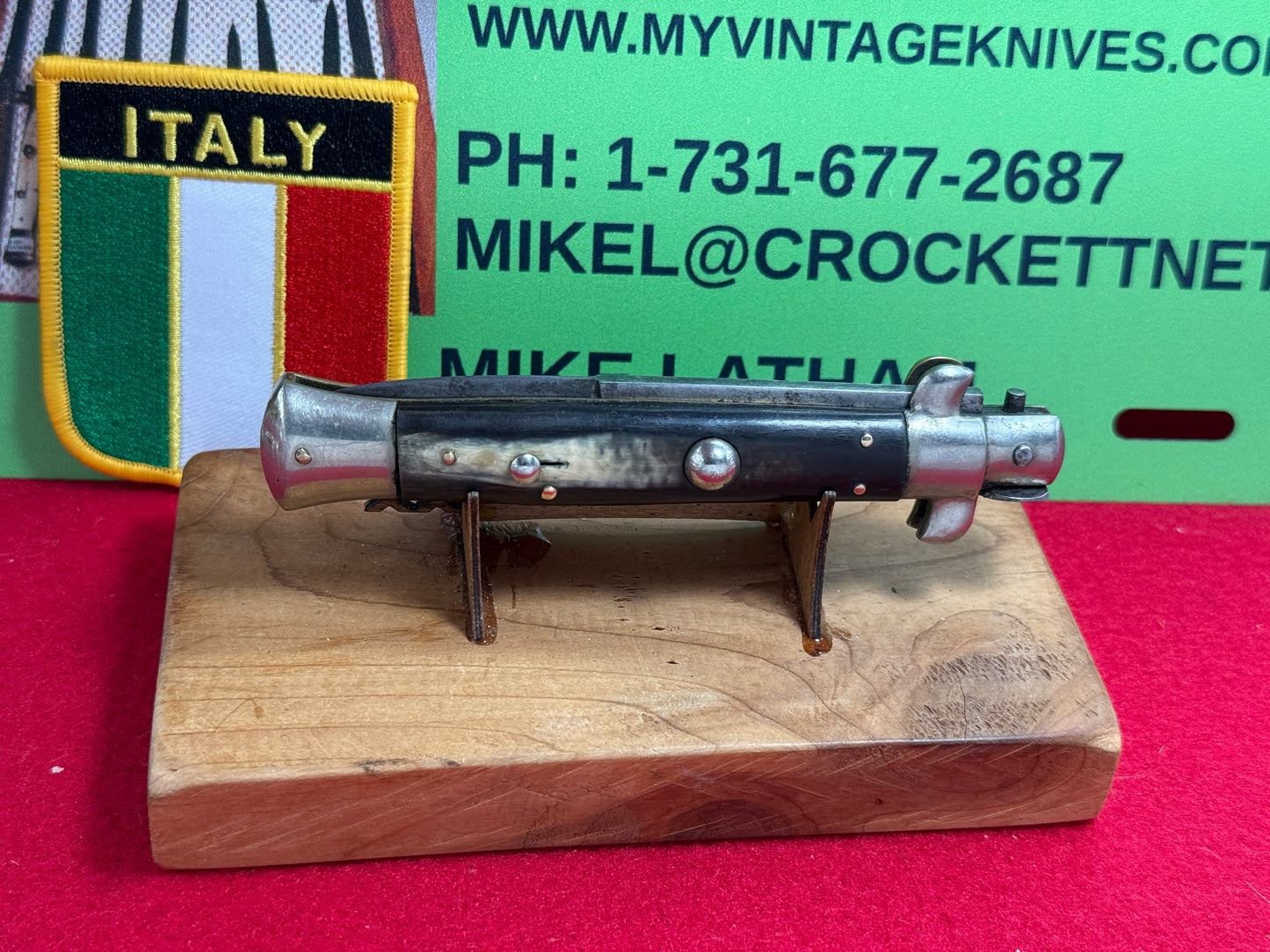 M.I. ITALY IN CIRCLE 1950-56 PICK LOCK STILETTO 23 CM ITALIAN AUTOMATIC KNIFE BUFFALO HORN HANDLES