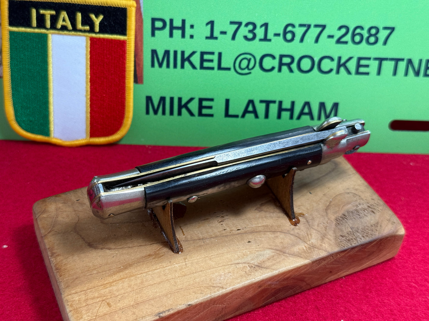 M.I. ITALY IN CIRCLE 1950-56 PICK LOCK STILETTO 23 CM ITALIAN AUTOMATIC KNIFE BUFFALO HORN HANDLES
