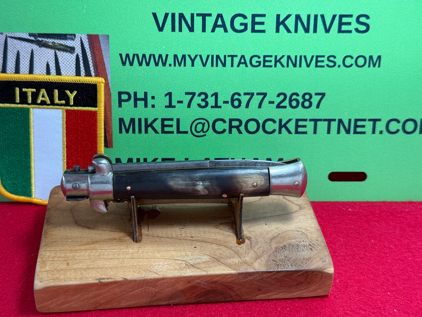 M.I. ITALY IN CIRCLE 1950-56 PICK LOCK STILETTO 23 CM ITALIAN AUTOMATIC KNIFE BUFFALO HORN HANDLES