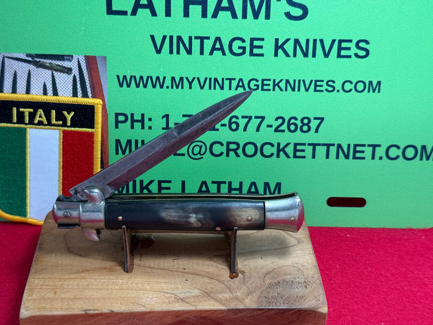 M.I. ITALY IN CIRCLE 1950-56 PICK LOCK STILETTO 23 CM ITALIAN AUTOMATIC KNIFE BUFFALO HORN HANDLES
