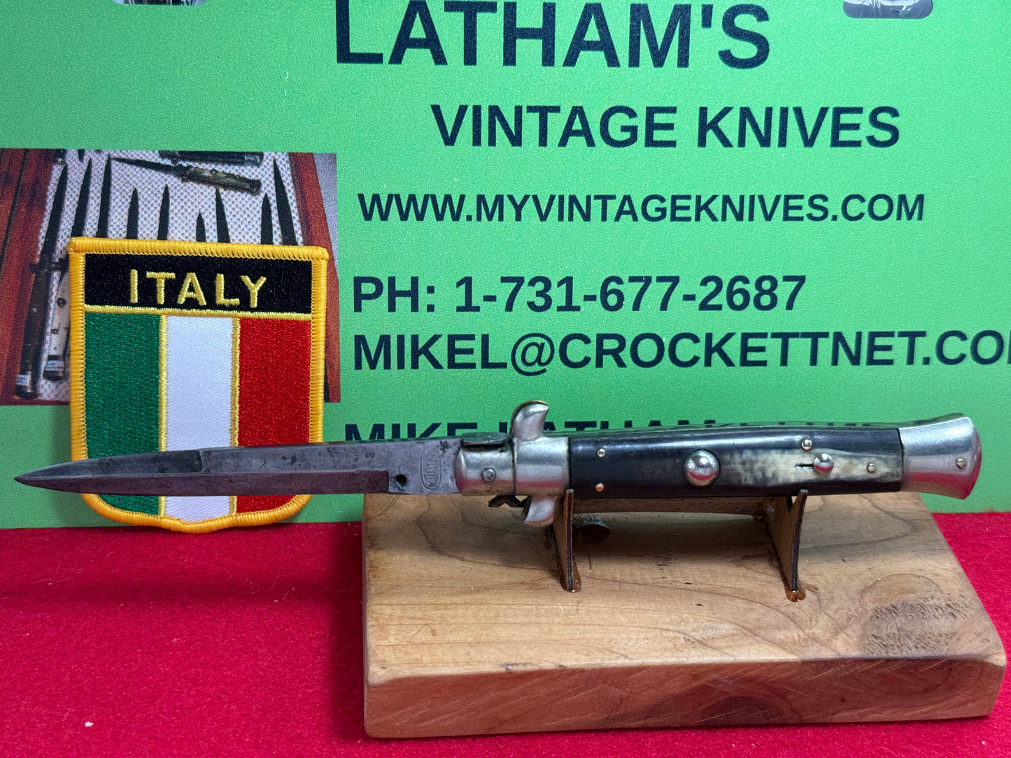 M.I. ITALY IN CIRCLE 1950-56 PICK LOCK STILETTO 23 CM ITALIAN AUTOMATIC KNIFE BUFFALO HORN HANDLES