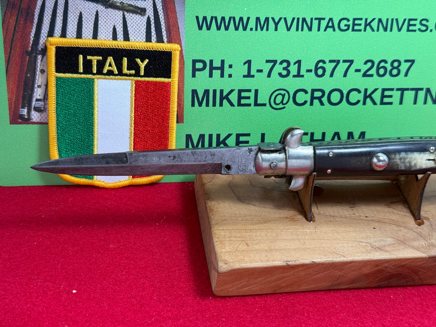 M.I. ITALY IN CIRCLE 1950-56 PICK LOCK STILETTO 23 CM ITALIAN AUTOMATIC KNIFE BUFFALO HORN HANDLES