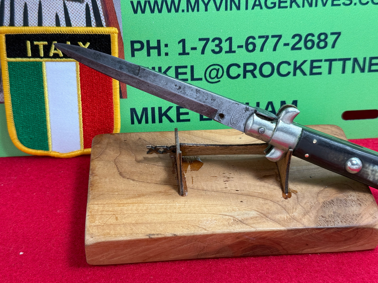 M.I. ITALY IN CIRCLE 1950-56 PICK LOCK STILETTO 23 CM ITALIAN AUTOMATIC KNIFE BUFFALO HORN HANDLES