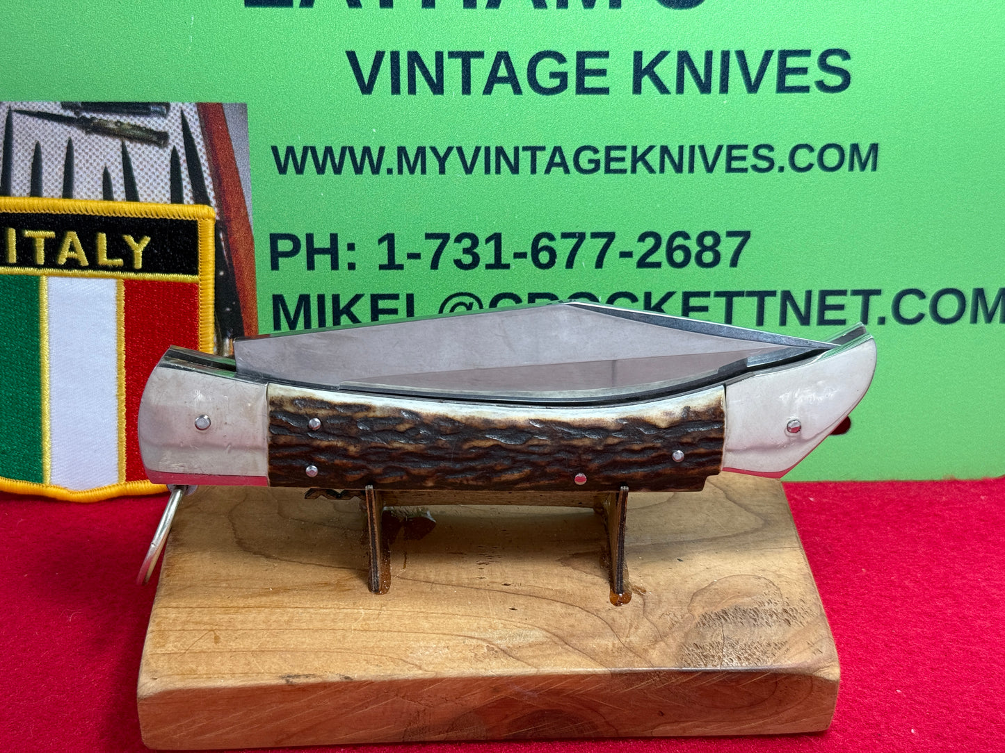 A.G.A. CAMPOLIN MANIAGO ITALY 2009 "EL CACCIATORE" THE HUNTER LOCK BACK RING PULL ITALIAN AUTOMATIC STAG HANDLE