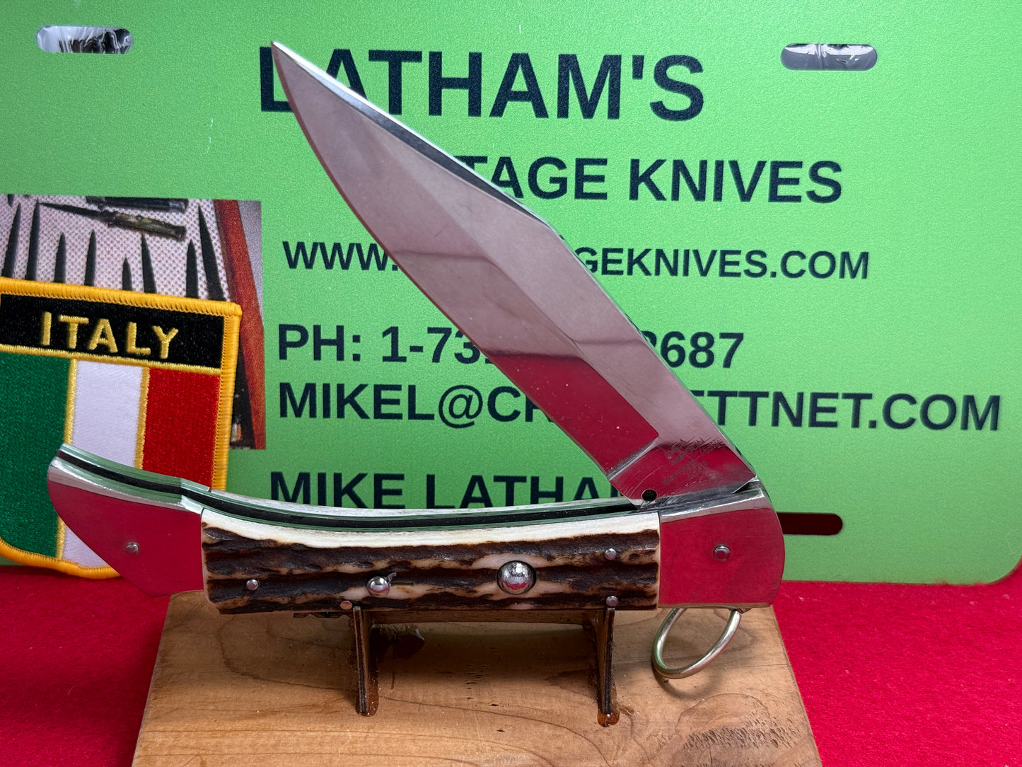 A.G.A. CAMPOLIN MANIAGO ITALY 2009 "EL CACCIATORE" THE HUNTER LOCK BACK RING PULL ITALIAN AUTOMATIC STAG HANDLE