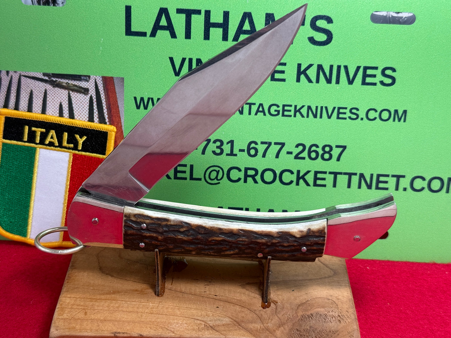 A.G.A. CAMPOLIN MANIAGO ITALY 2009 "EL CACCIATORE" THE HUNTER LOCK BACK RING PULL ITALIAN AUTOMATIC STAG HANDLE