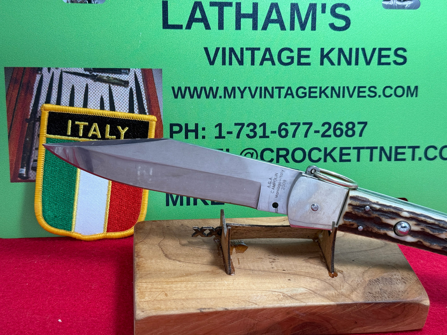 A.G.A. CAMPOLIN MANIAGO ITALY 2009 "EL CACCIATORE" THE HUNTER LOCK BACK RING PULL ITALIAN AUTOMATIC STAG HANDLE