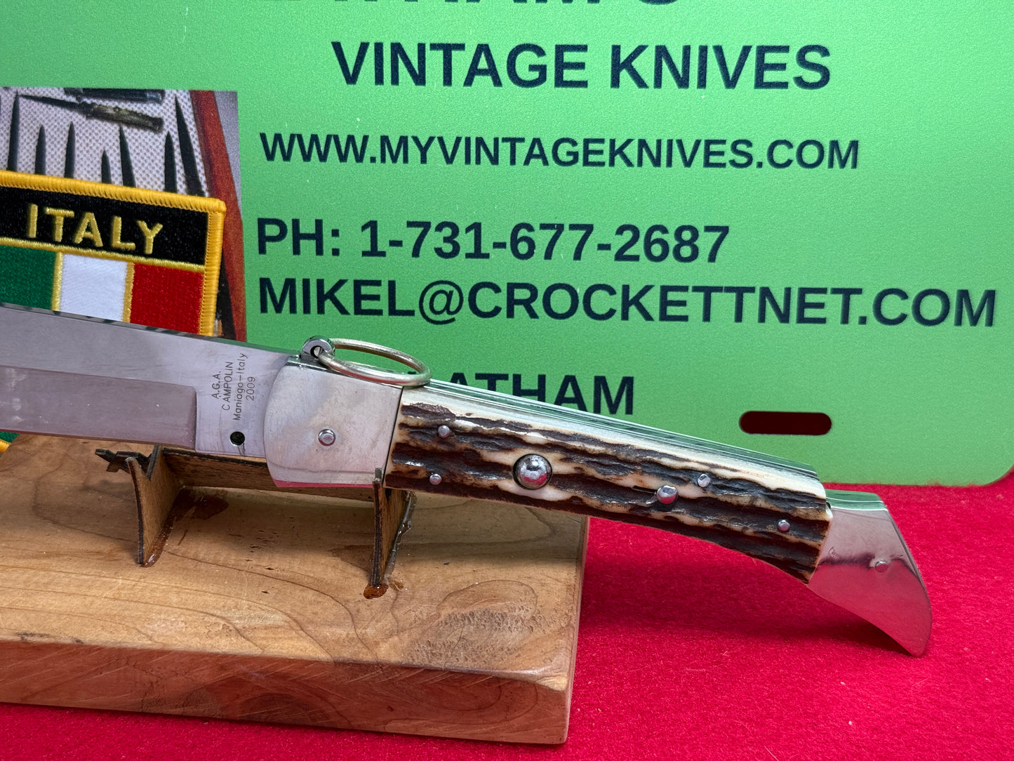 A.G.A. CAMPOLIN MANIAGO ITALY 2009 "EL CACCIATORE" THE HUNTER LOCK BACK RING PULL ITALIAN AUTOMATIC STAG HANDLE