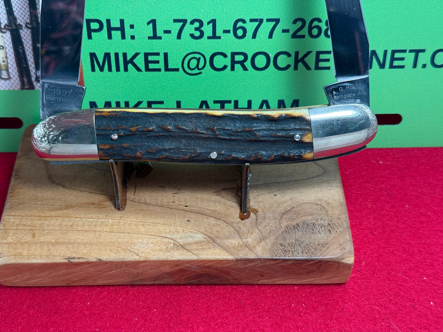 A.G. RUSSELL SPRINGDALE ARK. 1991 GERMAN LARGE MUSKRAT SLIP JOINT MANUAL OPEN KNIFE STAG HANDLES