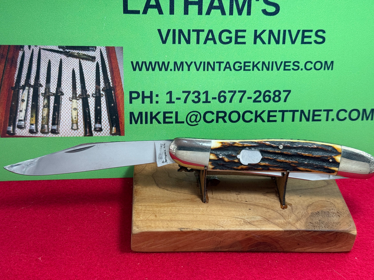 A.G. RUSSELL SPRINGDALE ARK. 1991 GERMAN LARGE MUSKRAT SLIP JOINT MANUAL OPEN KNIFE STAG HANDLES