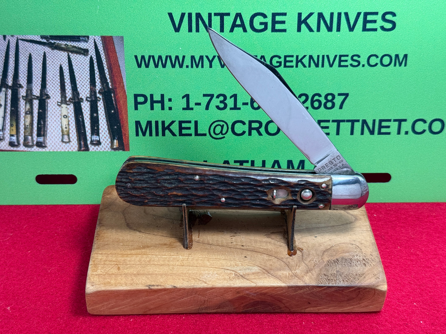 PRESTO GEO. SCHRADE BRIDGEPORT CONN. 1940-56 HUNTER 5" VINTAGE AMERICAN AUTOMATIC KNIFE JIGGED BONE HANDLES