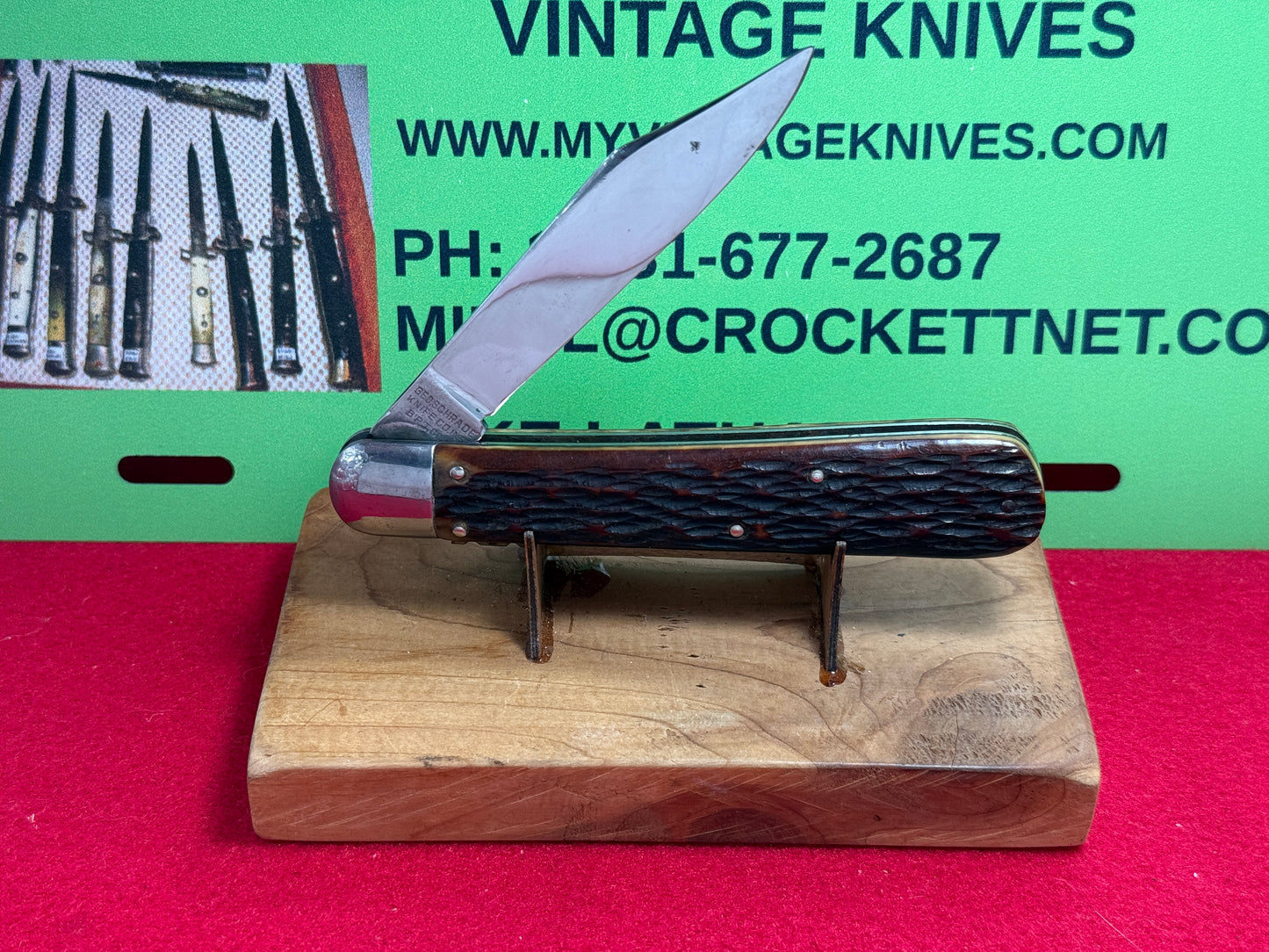 PRESTO GEO. SCHRADE BRIDGEPORT CONN. 1940-56 HUNTER 5" VINTAGE AMERICAN AUTOMATIC KNIFE JIGGED BONE HANDLES