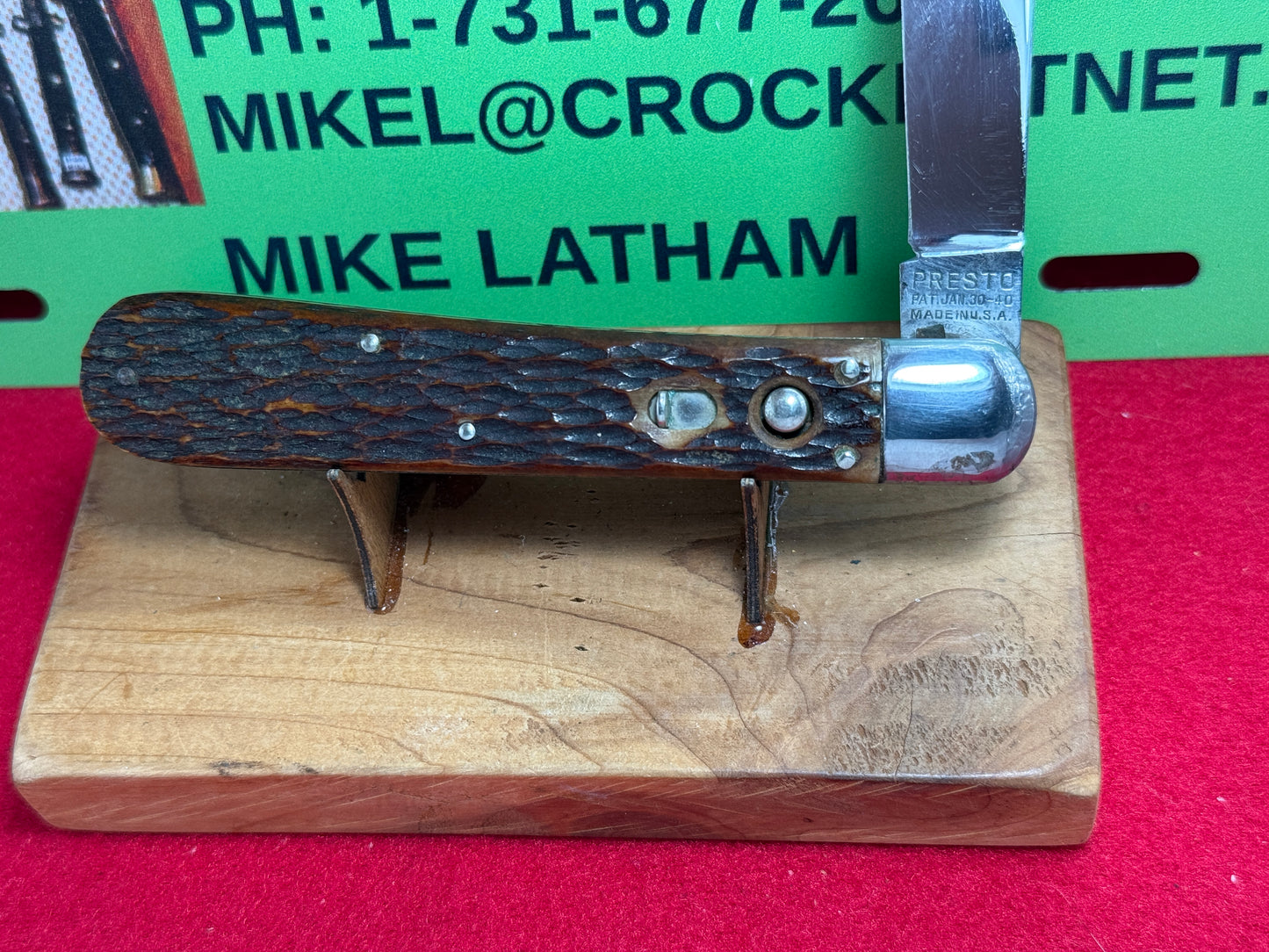 PRESTO GEO. SCHRADE BRIDGEPORT CONN. 1940-56 HUNTER 5" VINTAGE AMERICAN AUTOMATIC KNIFE JIGGED BONE HANDLES