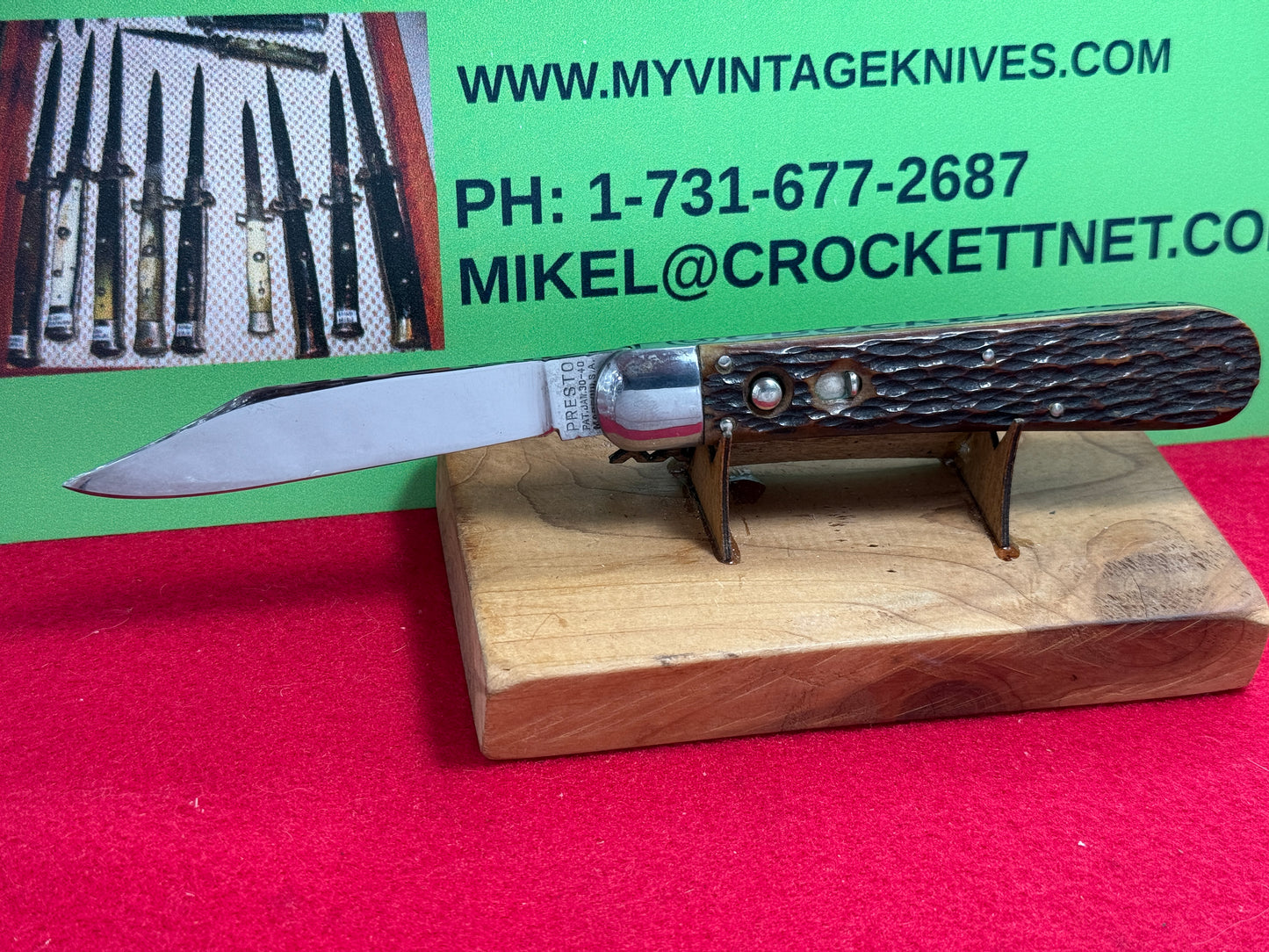 PRESTO GEO. SCHRADE BRIDGEPORT CONN. 1940-56 HUNTER 5" VINTAGE AMERICAN AUTOMATIC KNIFE JIGGED BONE HANDLES