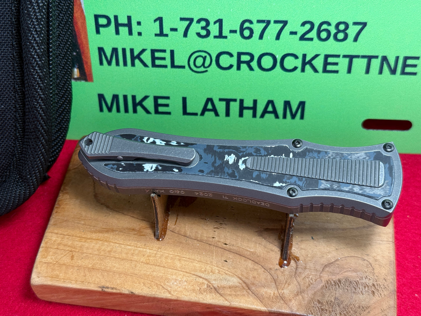 HAWK, G&G CUSTOM 2024 DEADLOCK OTF BLADE SHOW ED MAGNACUT Ti MODEL "C" CUSTOM AUTOMATIC KNIFE WHITE MARBLE FAT CARBON FIBER HANDLES Ti BODY