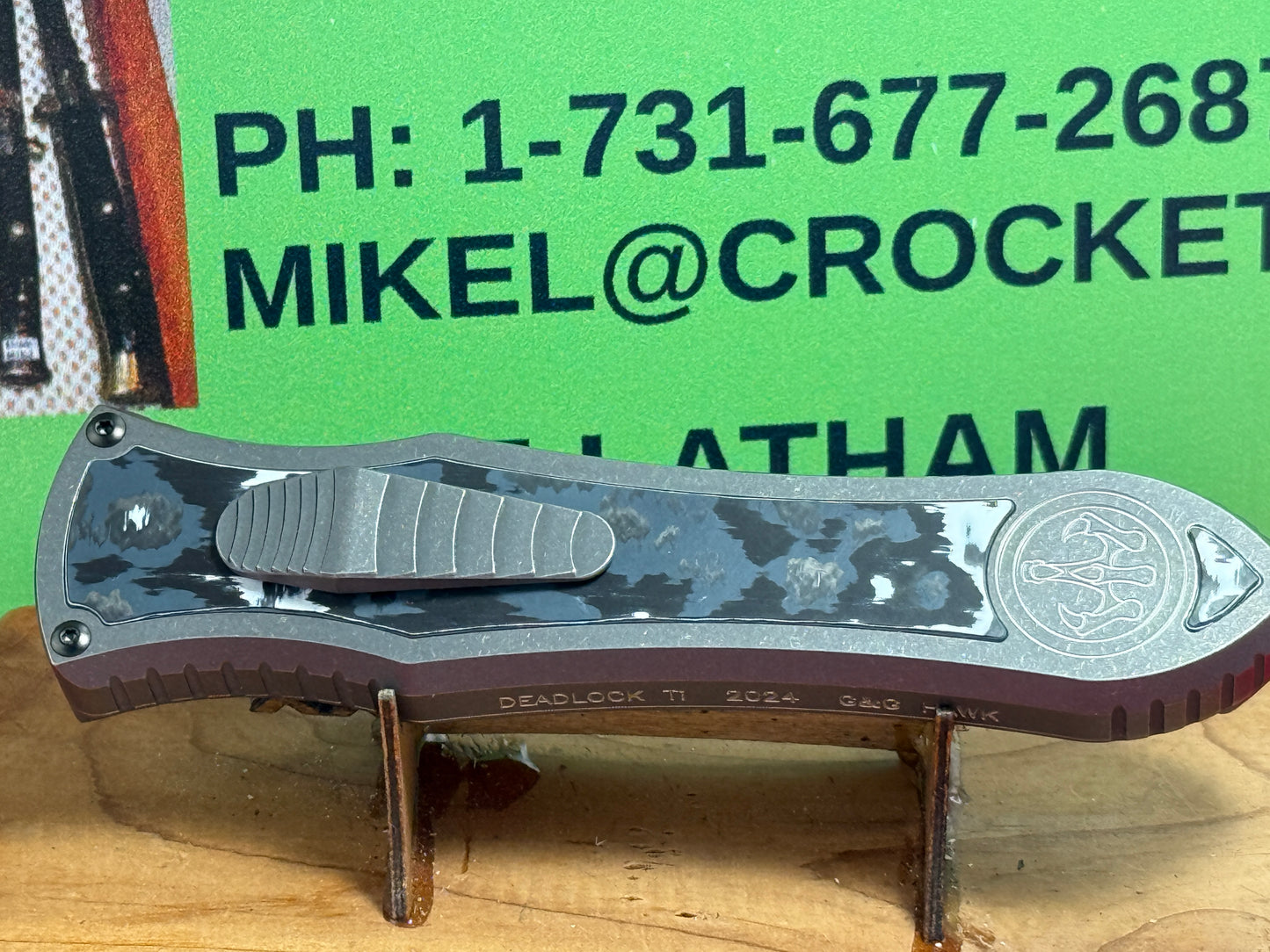 HAWK, G&G CUSTOM 2024 DEADLOCK OTF BLADE SHOW ED MAGNACUT Ti MODEL "C" CUSTOM AUTOMATIC KNIFE WHITE MARBLE FAT CARBON FIBER HANDLES Ti BODY