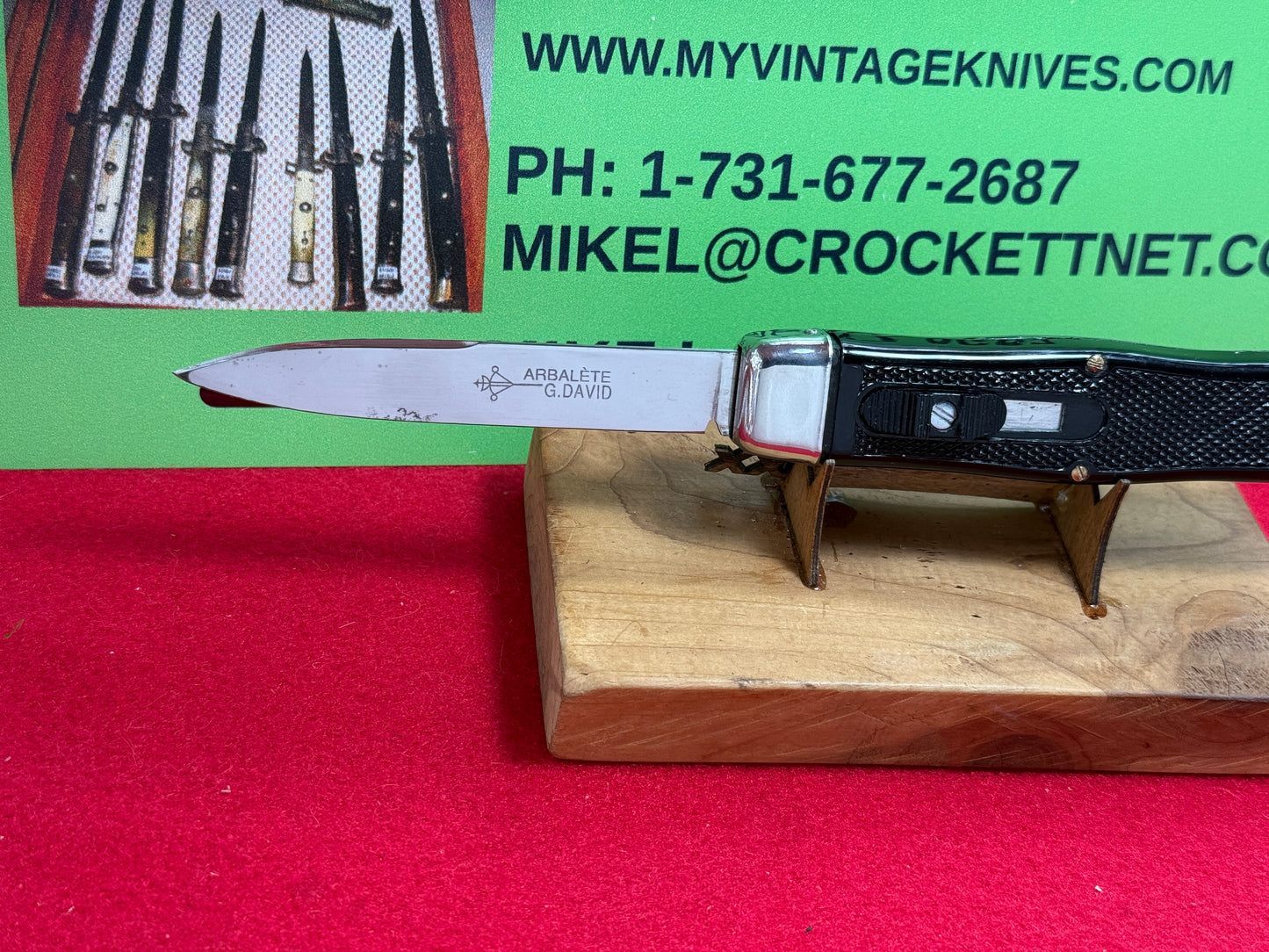 G. DAVID ARBALETE FRENCH 1968-78 OTF DOUBLE ACTION FRENCH AUTOMATIC KNIFE BLACK PLASTIC HANDLES
