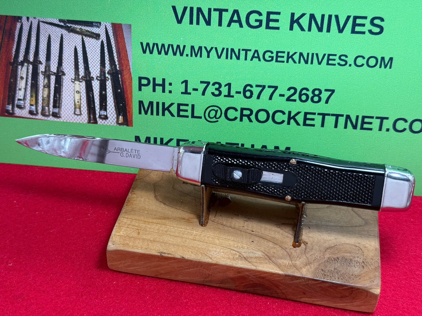 G. DAVID ARBALETE FRENCH 1968-78 OTF DOUBLE ACTION FRENCH AUTOMATIC KNIFE BLACK PLASTIC HANDLES