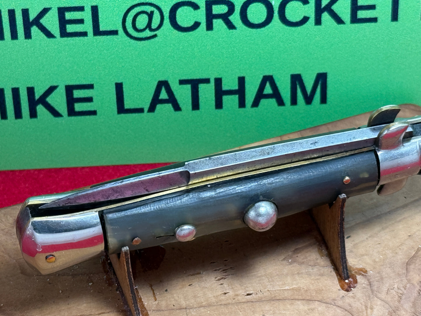 OMEGA IMPORT CO. MADE IN ITALY 1950-56 PICK LOCK STILETTO 20 CM ITALIAN AUTOMATIC KNIFE BUFFALO HORN HANDLES