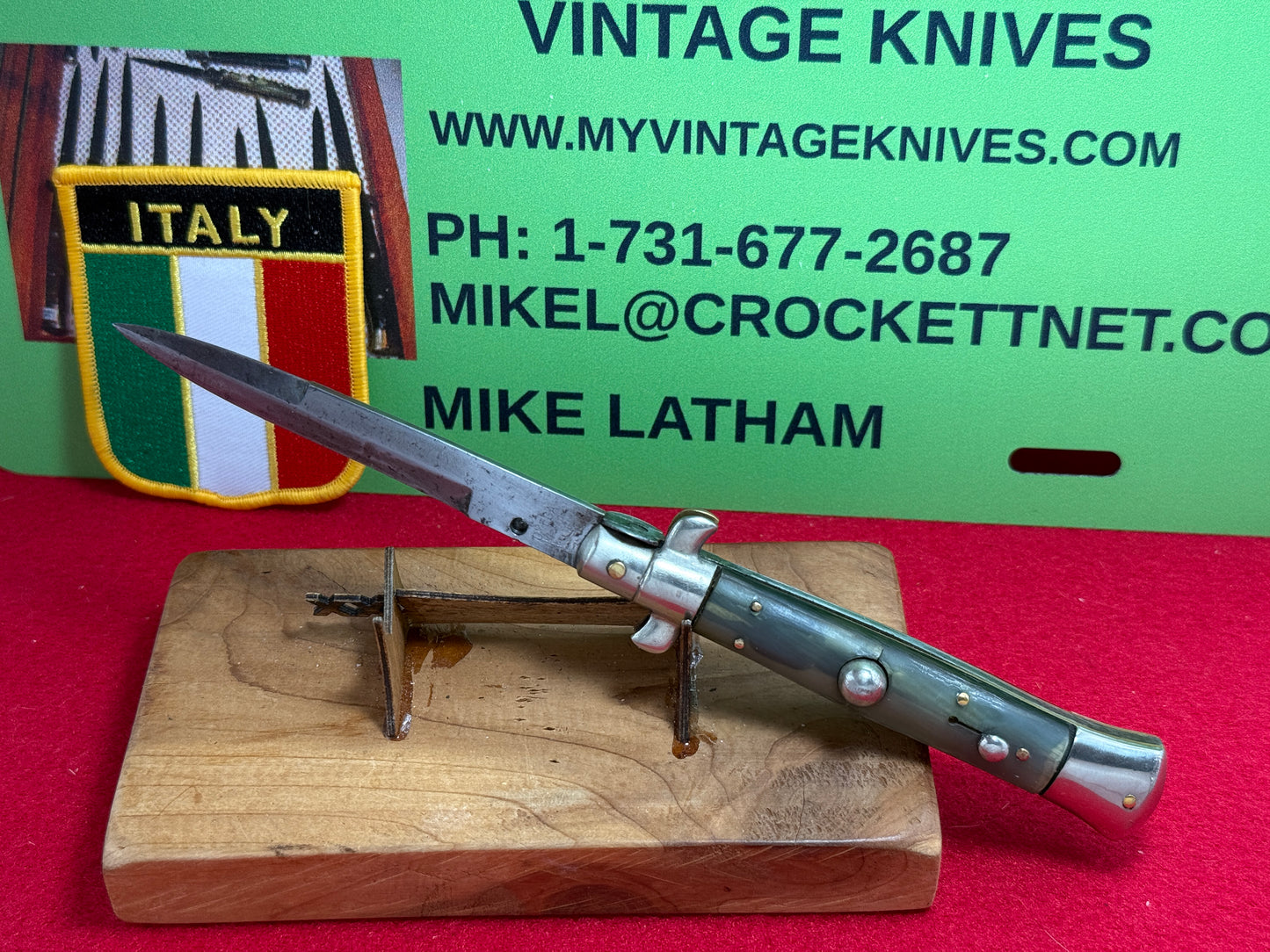 OMEGA IMPORT CO. MADE IN ITALY 1950-56 PICK LOCK STILETTO 20 CM ITALIAN AUTOMATIC KNIFE BUFFALO HORN HANDLES