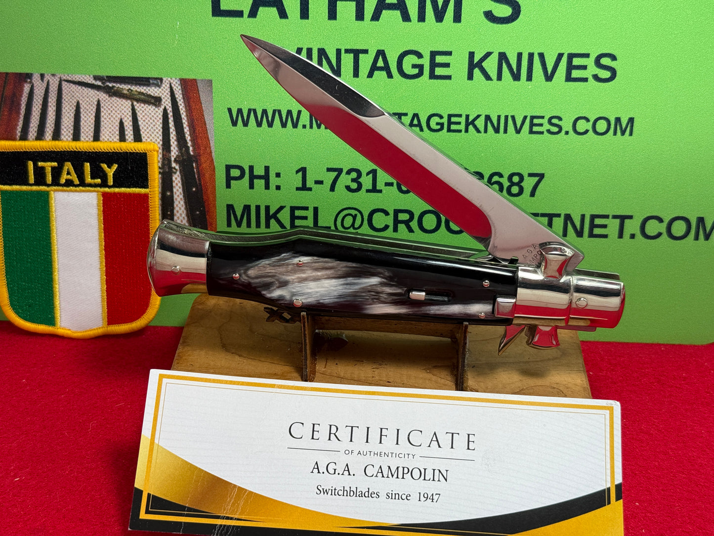 A.G.A. CAMPOLIN MANIAGO ITALY 2023 SQUARE BUTTON FULCURM RELEASE BLACK WIDOW ITALIAN AUTOMATIC KNIFE BRAZILIAN HORN HANDLES