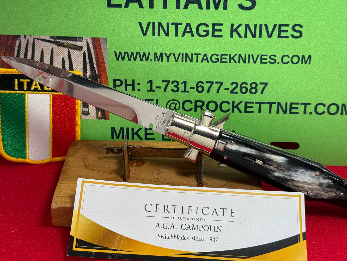 A.G.A. CAMPOLIN MANIAGO ITALY 2023 SQUARE BUTTON FULCURM RELEASE BLACK WIDOW ITALIAN AUTOMATIC KNIFE BRAZILIAN HORN HANDLES