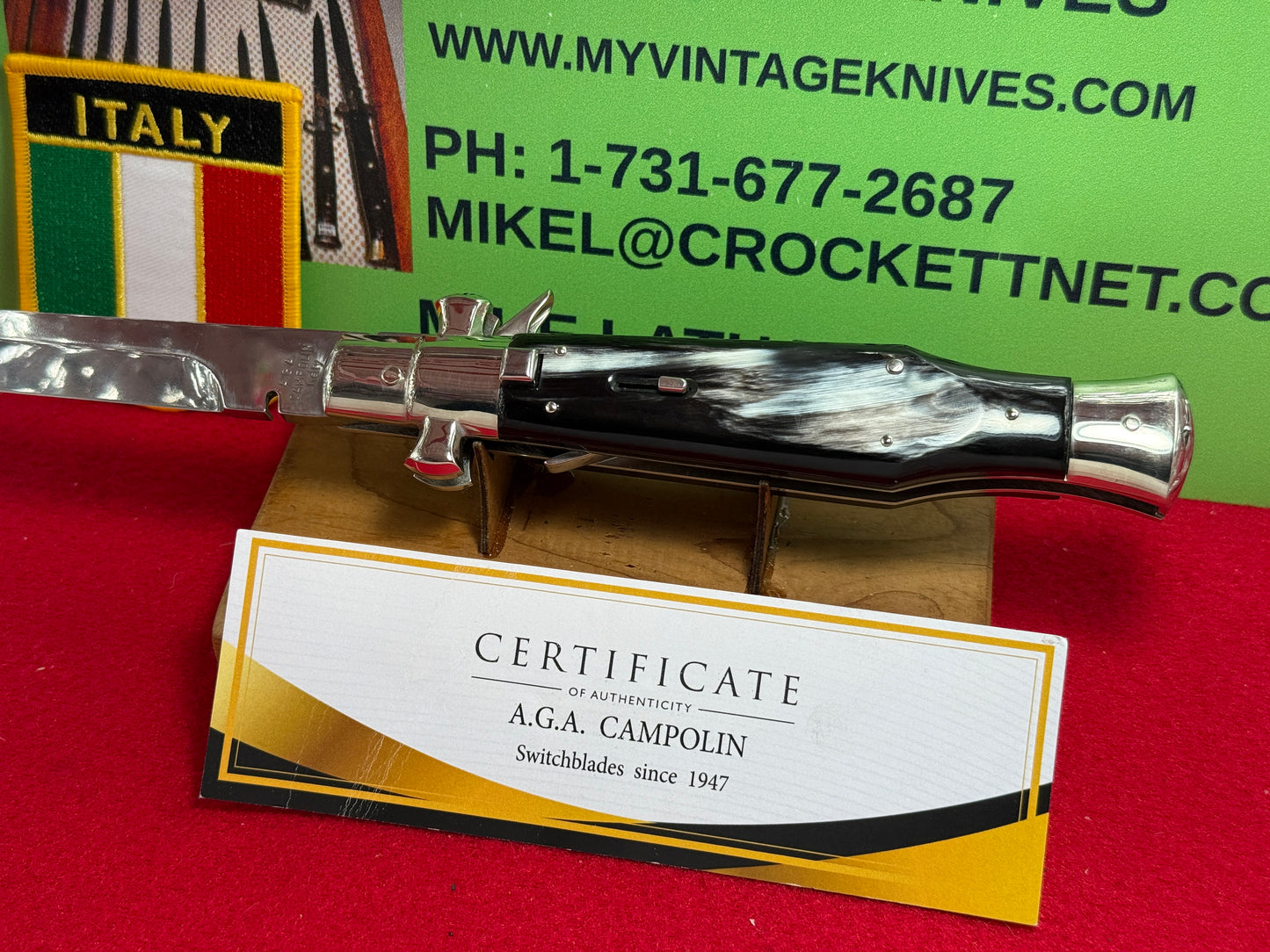 A.G.A. CAMPOLIN MANIAGO ITALY 2023 SQUARE BUTTON FULCURM RELEASE BLACK WIDOW ITALIAN AUTOMATIC KNIFE BRAZILIAN HORN HANDLES