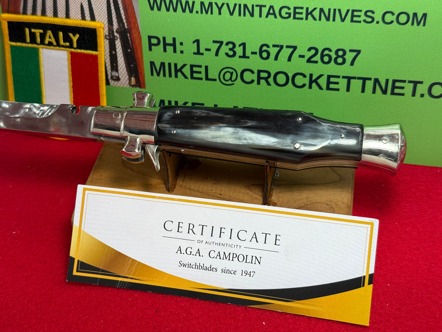 A.G.A. CAMPOLIN MANIAGO ITALY 2023 SQUARE BUTTON FULCURM RELEASE BLACK WIDOW ITALIAN AUTOMATIC KNIFE BRAZILIAN HORN HANDLES