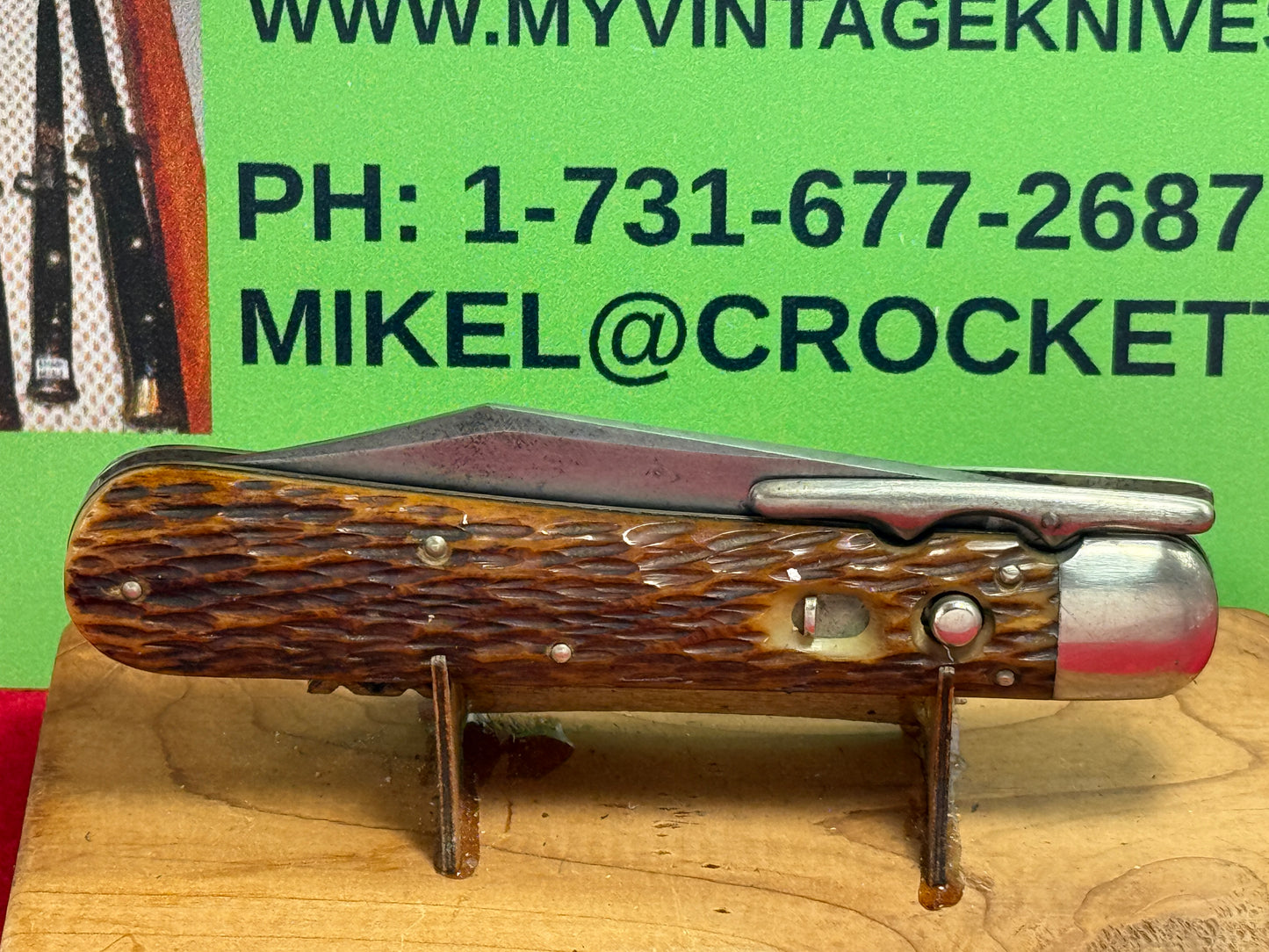 SCHRADE CUT CO. WALDEN N.Y. 1916-46 SWING GUARD HUNTER 4 7/8" VINTAGE AMERICAN AUTOMATIC KNIFE BROWN JIGGED BONE HANDLES