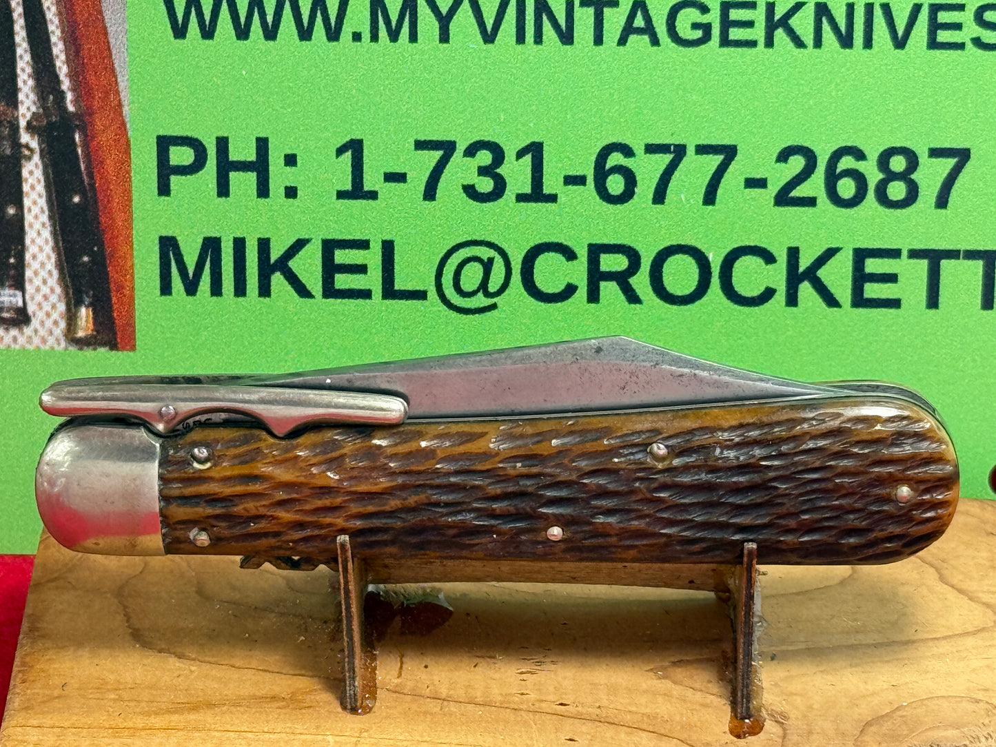 SCHRADE CUT CO. WALDEN N.Y. 1916-46 SWING GUARD HUNTER 4 7/8" VINTAGE AMERICAN AUTOMATIC KNIFE BROWN JIGGED BONE HANDLES