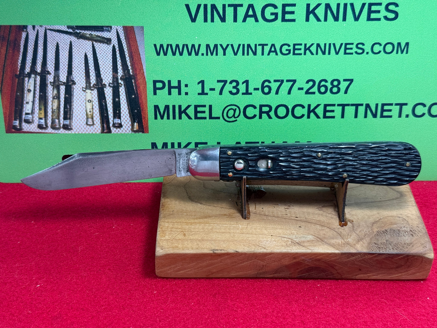 SCHRADE CUT CO. WALDEN N.Y. 1916-46 HUNTER 4 7/8" VINTAGE AMERICAN AUTOMATIC KNIFE BLACK IMITATION COMPOSITION HANDLES