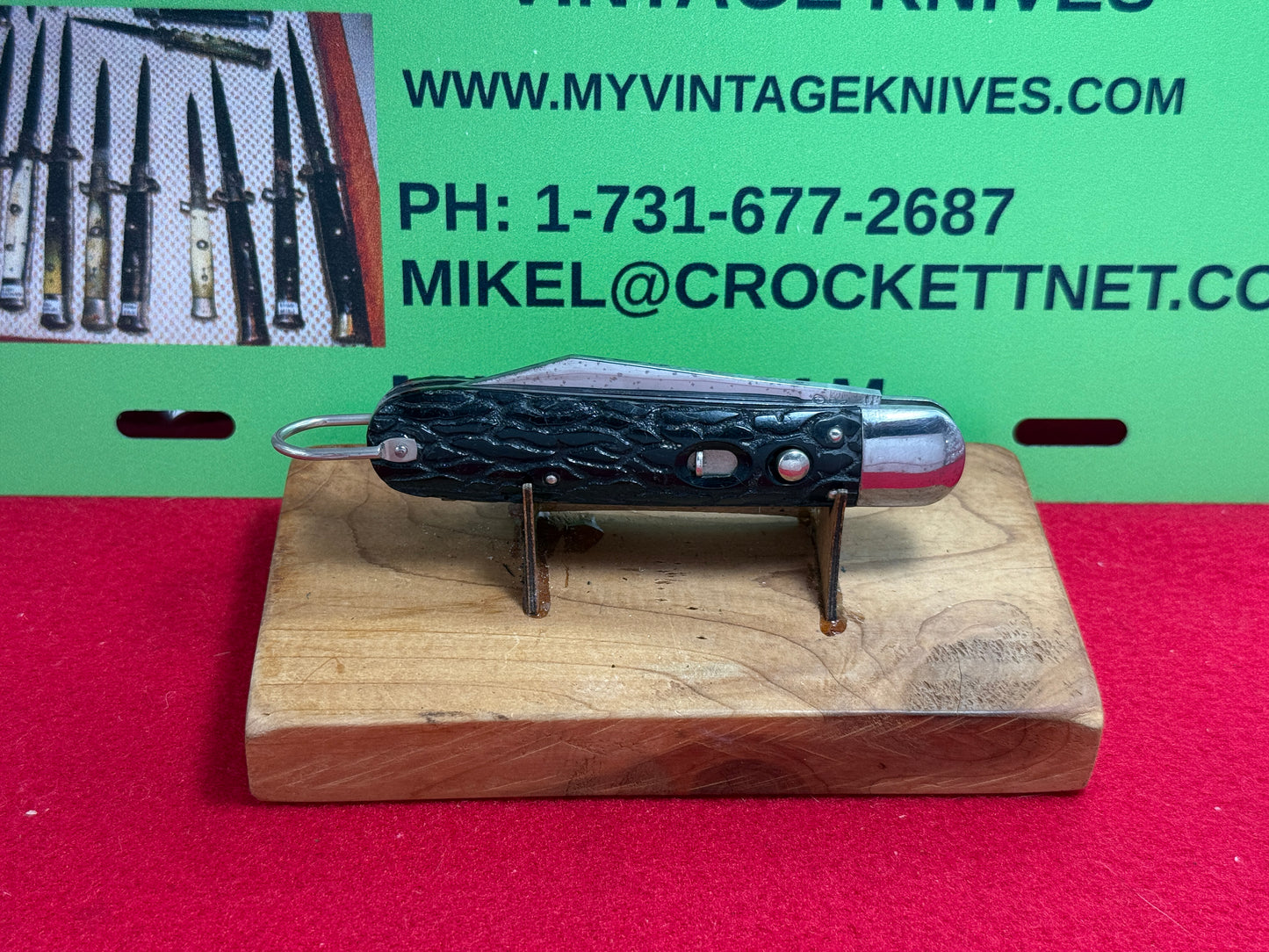 PRESTO GEO. SCHRADE BRIDGEPORT CONN. 1940-1956 MILITARY PARATROOPER VINTAGE AMERICAN AUTOMATIC KNIFE BLACK WORMED GROOVED COMPOSITION HANDLES