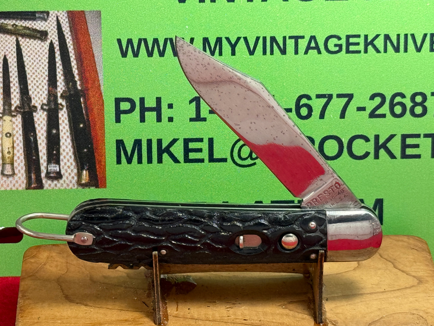 PRESTO GEO. SCHRADE BRIDGEPORT CONN. 1940-1956 MILITARY PARATROOPER VINTAGE AMERICAN AUTOMATIC KNIFE BLACK WORMED GROOVED COMPOSITION HANDLES