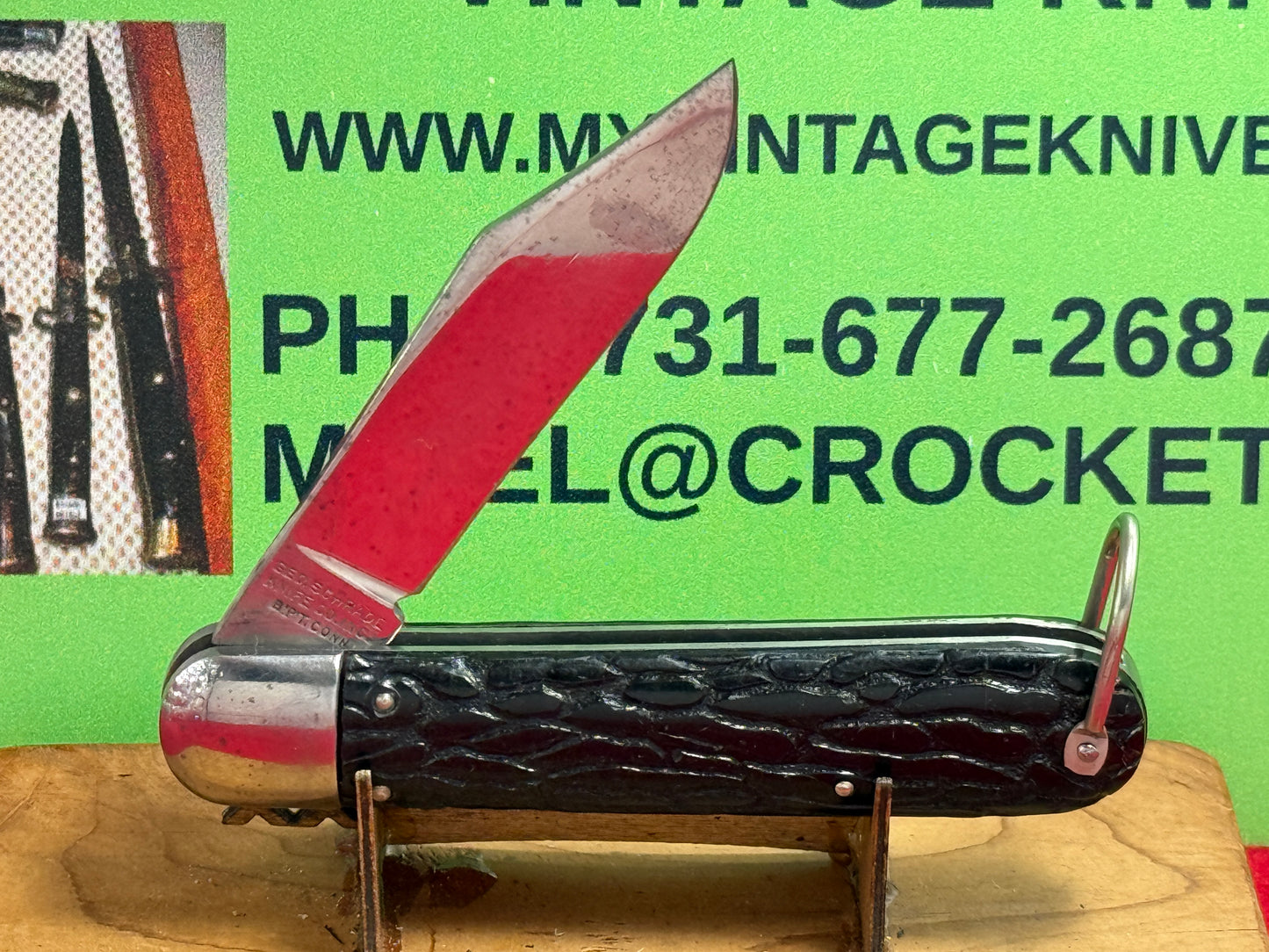 PRESTO GEO. SCHRADE BRIDGEPORT CONN. 1940-1956 MILITARY PARATROOPER VINTAGE AMERICAN AUTOMATIC KNIFE BLACK WORMED GROOVED COMPOSITION HANDLES